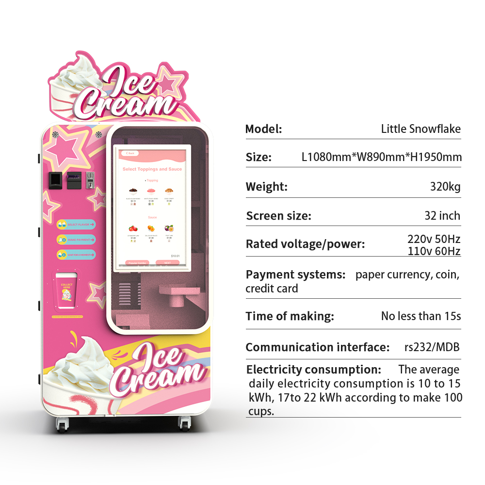 Il distributore automatico di gelato commerciale HUAXIN è una soluzione intelligente di self-service per la vendita al dettaglio, caratterizzata da dispensazione rapida di 15 secondi, assemblaggio 0 e utilizzo plug-and - play. Equipaggiato con compressore Embraco e raffreddamento rapido 5s, supporta 59 combinazioni di aromi, pulizia con un solo clic e controllo remoto APP. Con una piccola superficie di 0,91 m2, raggiunge oltre il 65% di profitto lordo, un ROI di 3 - 4 mesi e certificazioni globali CE / ETL / RoHS / CB.