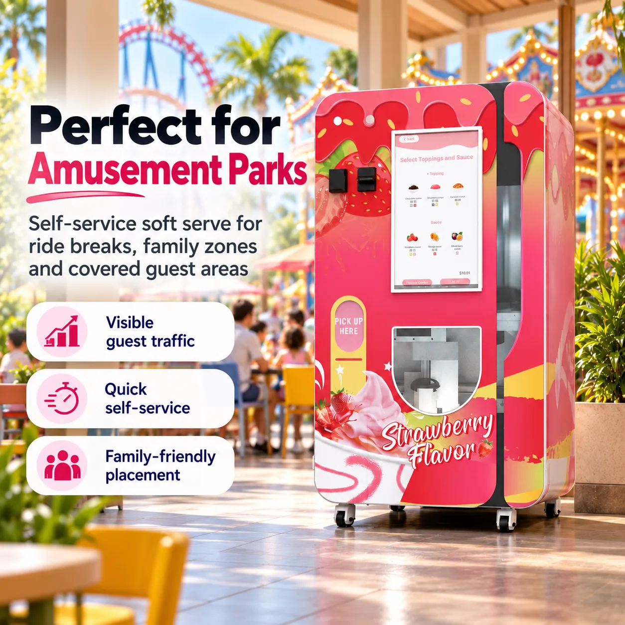 È necessario portare il gelato self-service durante i momenti di pausa tra le visite al parco, utilizzando i modelli Huaxin B86 Max, B85 e B84. Il parco deve disporre di un sistema per il monitoraggio delle vendite da remoto, in modo da poter gestire le operazioni in modo efficace.