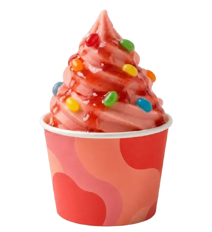 Sorbetto rosa alla frutta con salsa alla frutta e topping colorati