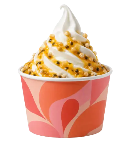 Yogurt gelato con salsa al frutto della passione e topping croccanti